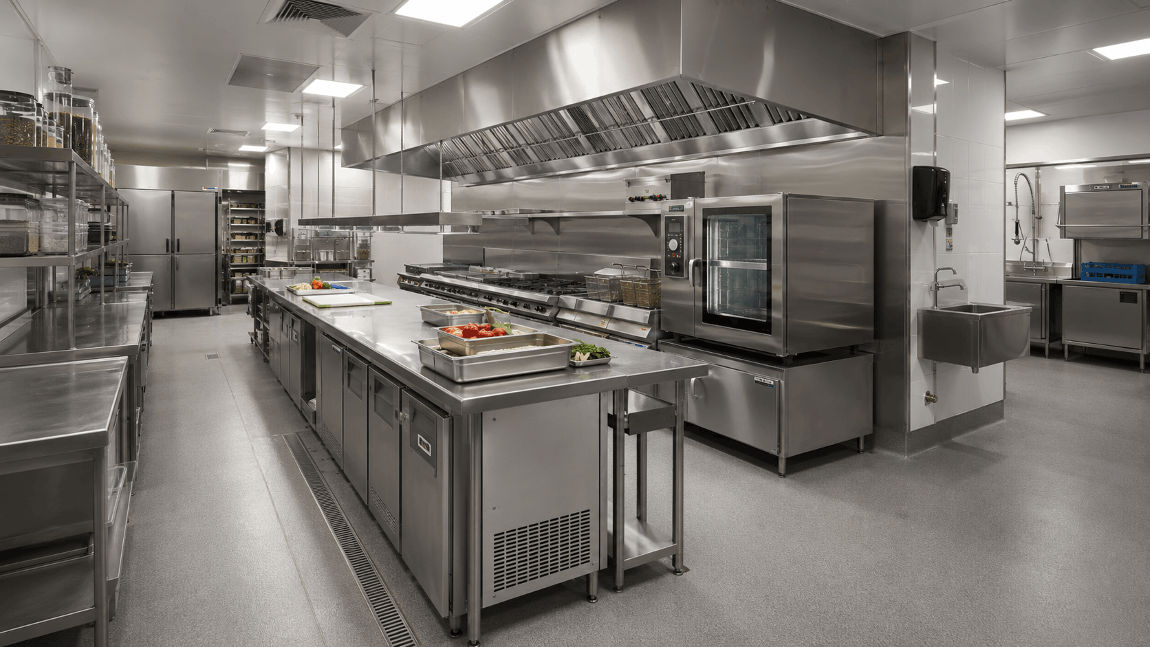 Full commercial kitchen with stainless steel prep line, cold storage units, combi oven, and dishwashing area
